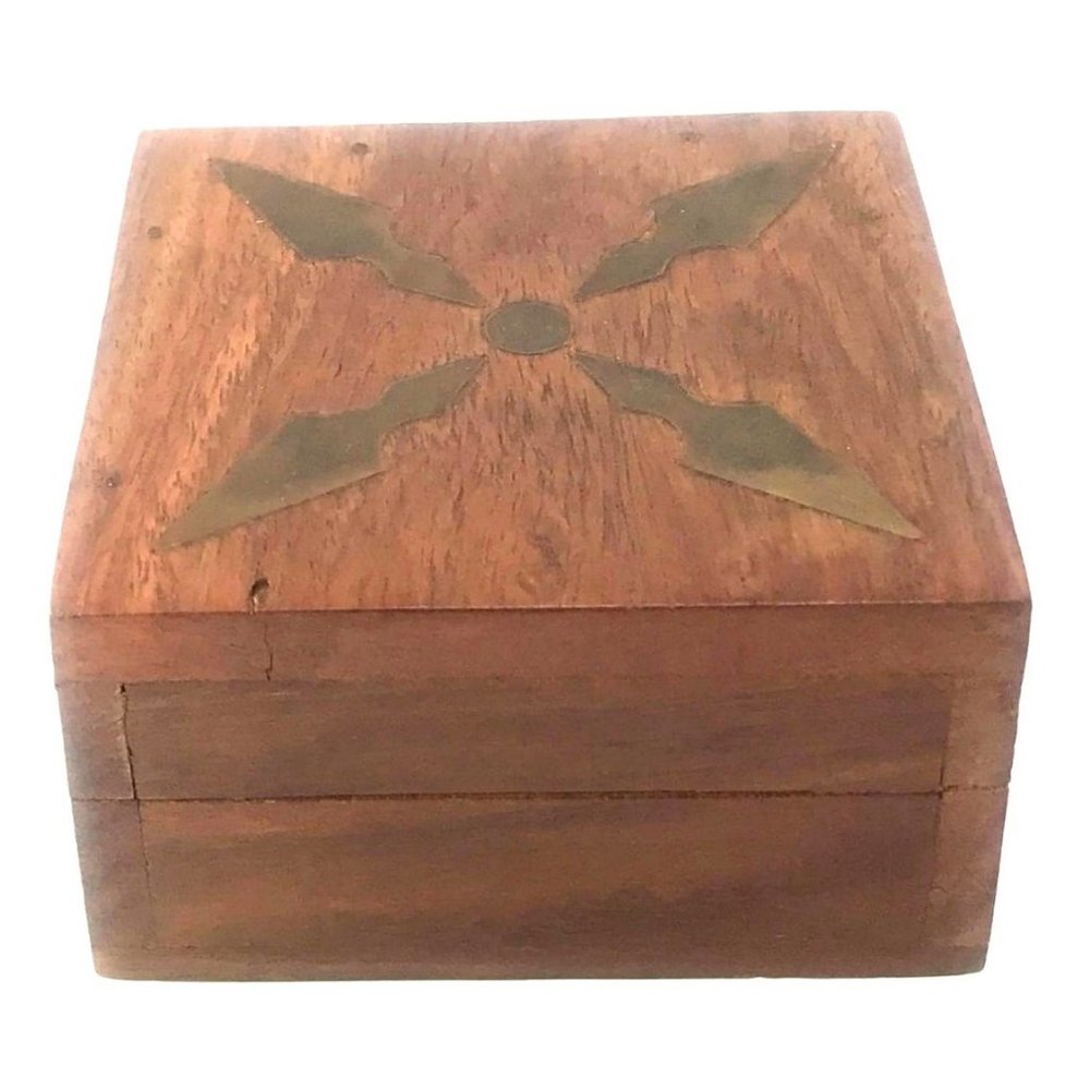Vintage Brass Inlay Teak Trinket Box Made in India Pygmy Fund Red Felt Lining
